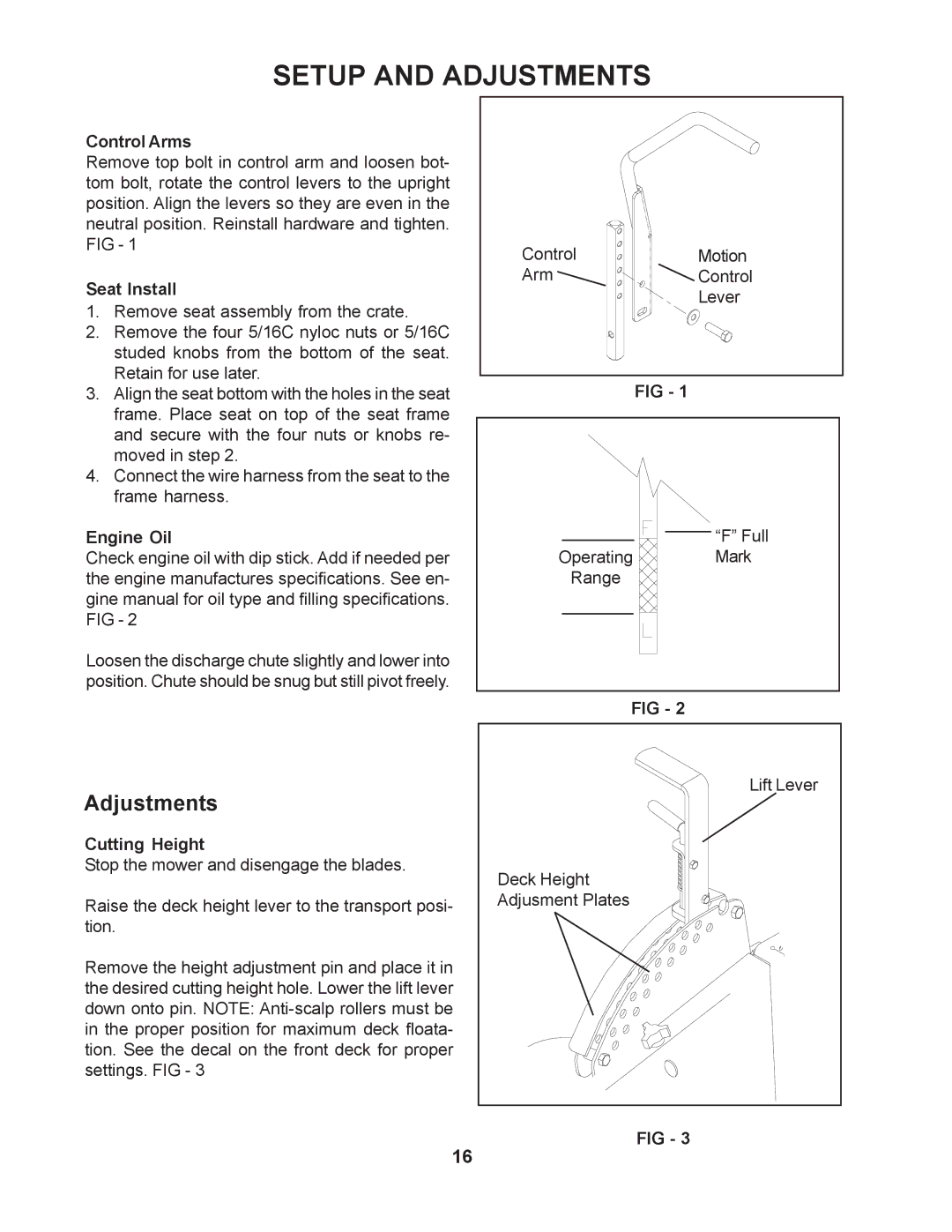 Yazoo/Kees ZMKW52211 / 968999466 manual Adjustments, Control Arms, Seat Install, Engine Oil, Cutting Height 