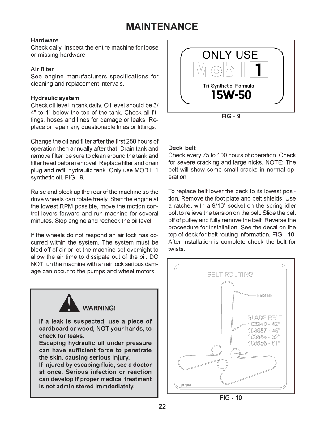 Yazoo/Kees ZMKW48171 / 968999297, ZMKW52211 / 968999466 manual Hardware, Air filter, Hydraulic system, Deck belt 