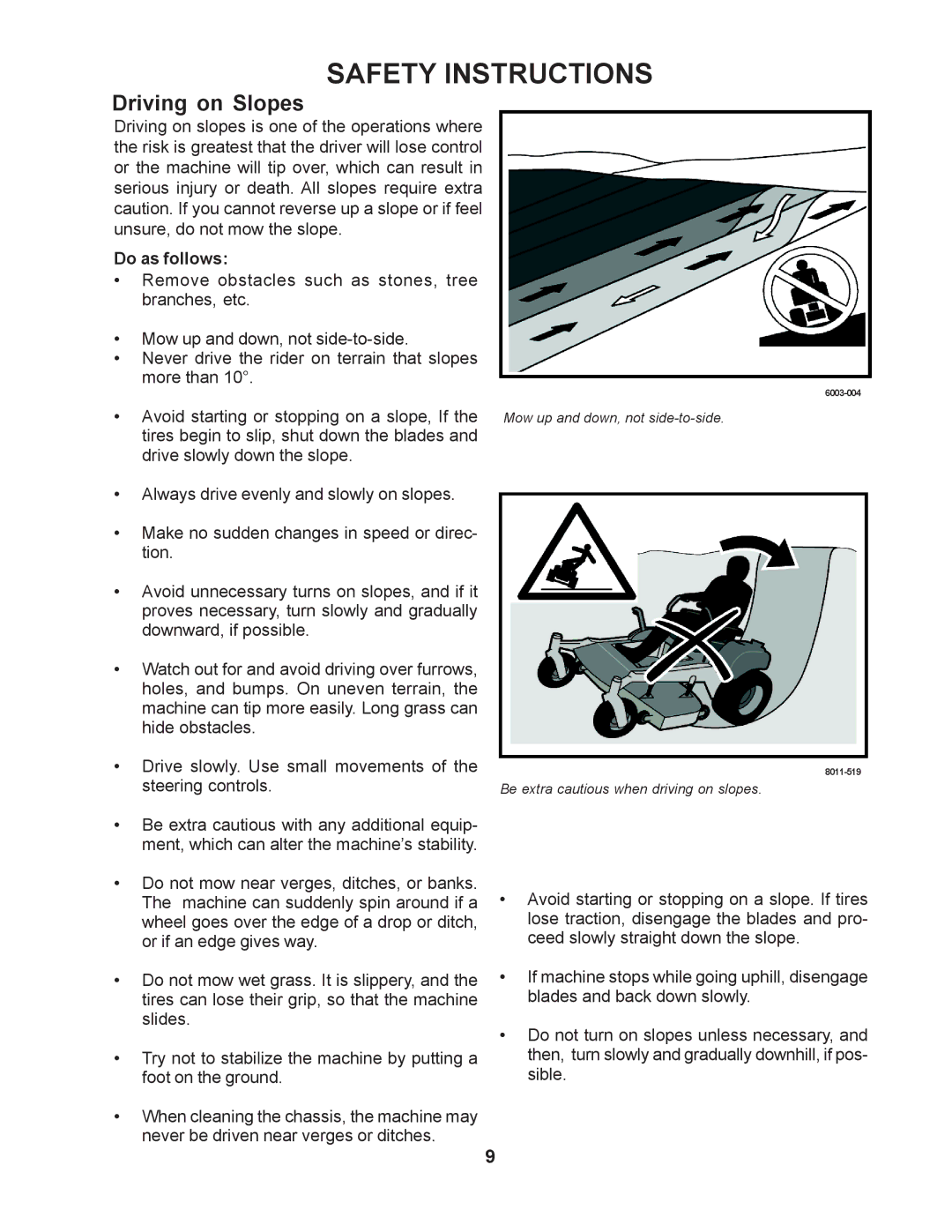 Yazoo/Kees ZMKH52251 / 968999532, ZMKW52211 / 968999466, ZMKW48171 / 968999297 manual Driving on Slopes, Do as follows 