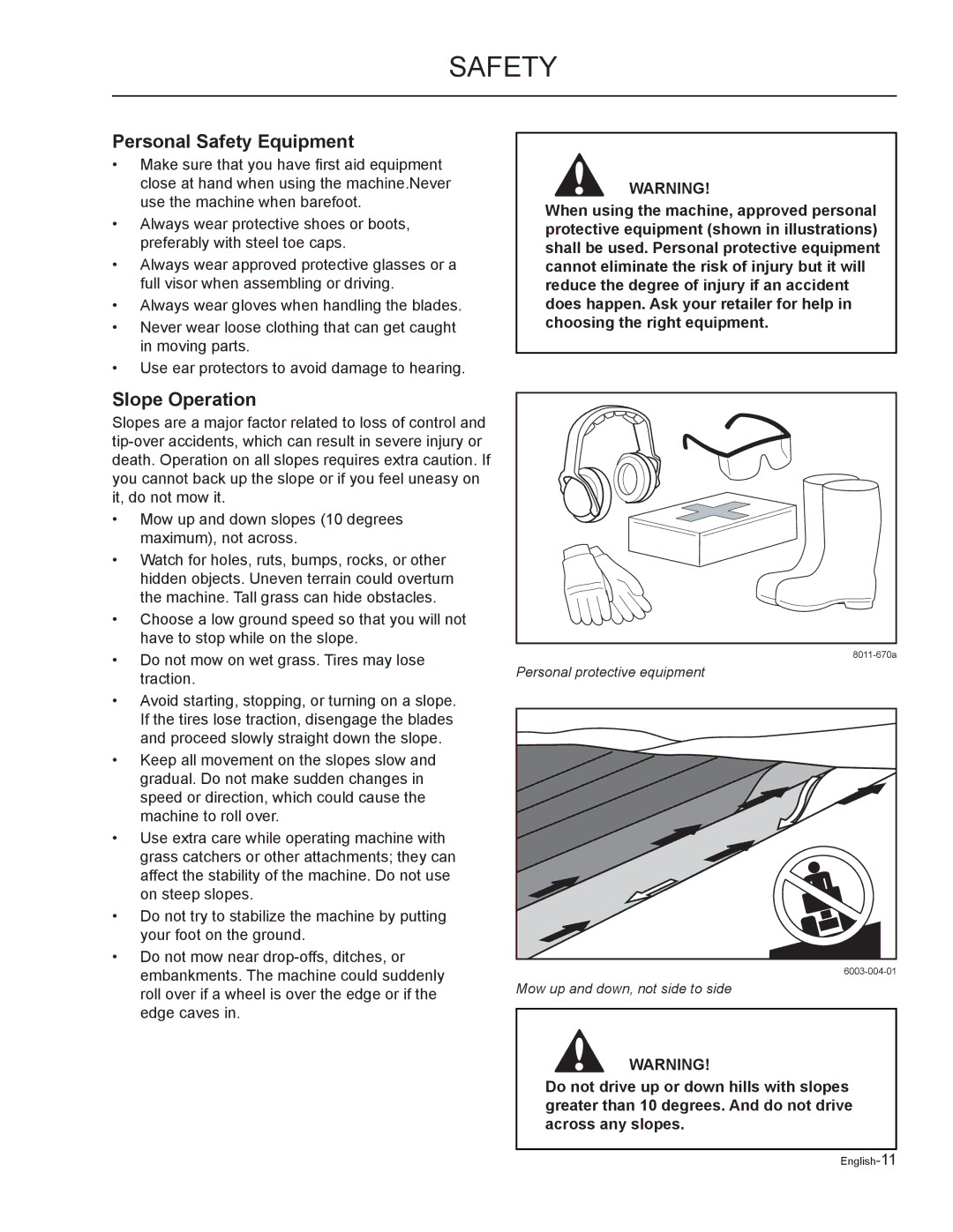 Yazoo/Kees ZMKH61252, ZMKW52212, ZMKW48192, ZMKH52252, ZMKW48172 manual Personal Safety Equipment, Slope Operation 