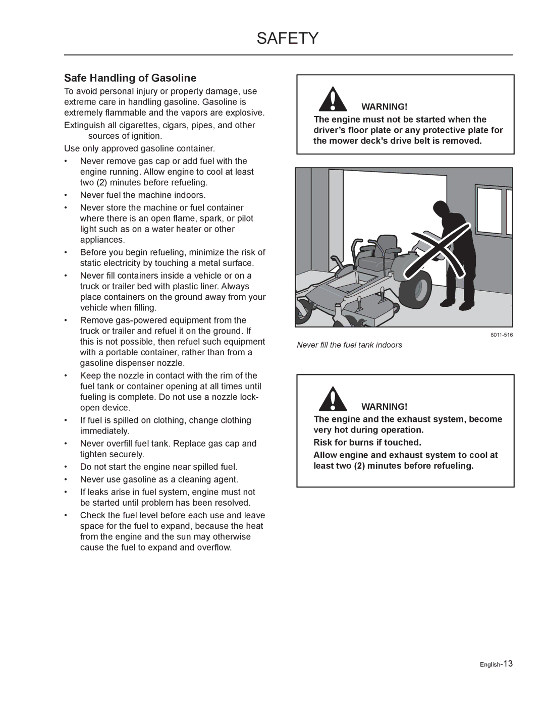 Yazoo/Kees ZMKH52252, ZMKW52212, ZMKH61252, ZMKW48192, ZMKW48172 manual Safe Handling of Gasoline 