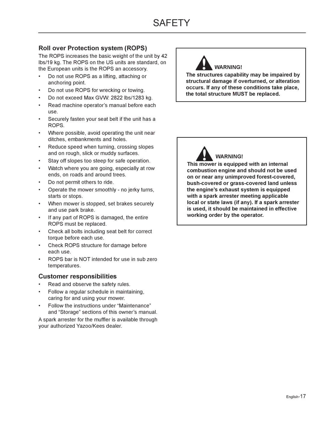 Yazoo/Kees ZMKW48192, ZMKW52212, ZMKH61252, ZMKH52252, ZMKW48172 Roll over Protection system Rops, Customer responsibilities 