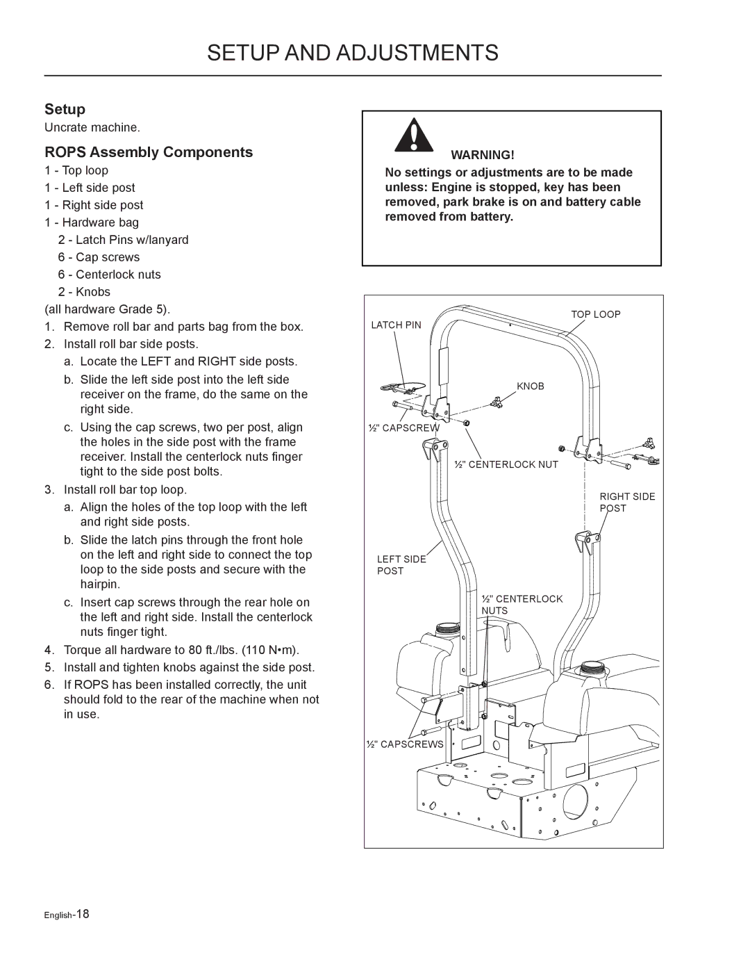 Yazoo/Kees ZMKH52252, ZMKW52212, ZMKH61252, ZMKW48192, ZMKW48172 manual Setup and adjustments, Rops Assembly Components 