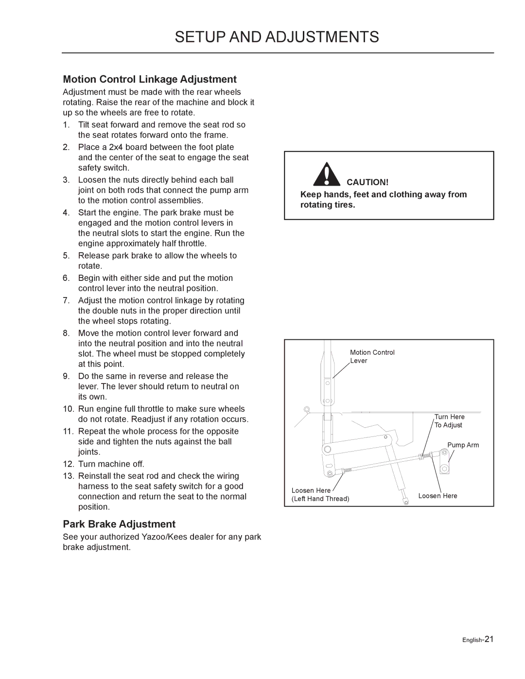 Yazoo/Kees ZMKH61252, ZMKW52212, ZMKW48192, ZMKH52252, ZMKW48172 Motion Control Linkage Adjustment, Park Brake Adjustment 