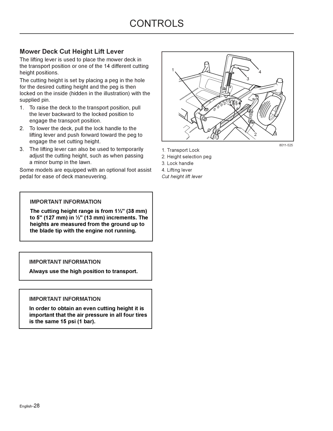 Yazoo/Kees ZMKH52252, ZMKW52212, ZMKH61252 manual Mower Deck Cut Height Lift Lever, Always use the high position to transport 