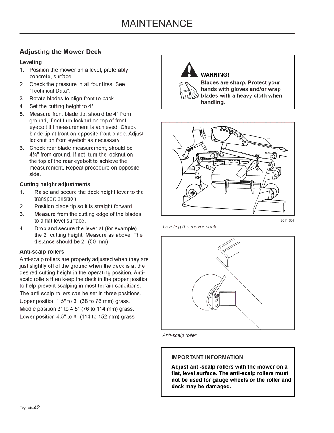 Yazoo/Kees ZMKW48192, ZMKW52212 manual Adjusting the Mower Deck, Leveling, Cutting height adjustments, Anti-scalp rollers 