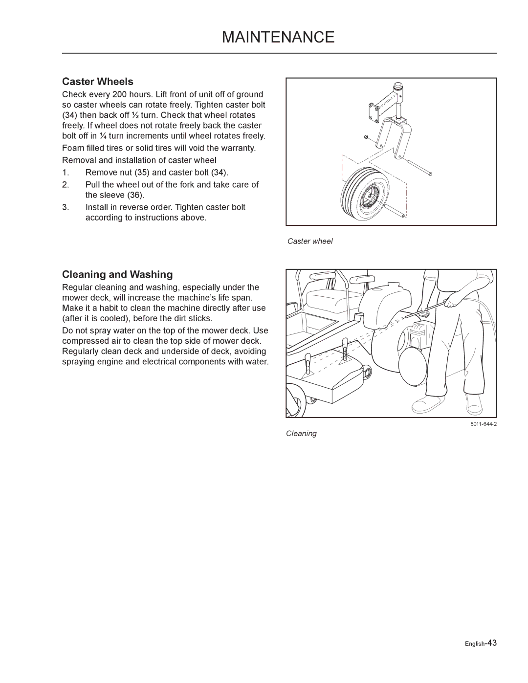 Yazoo/Kees ZMKH52252, ZMKW52212, ZMKH61252, ZMKW48192, ZMKW48172 manual Caster Wheels, Cleaning and Washing 