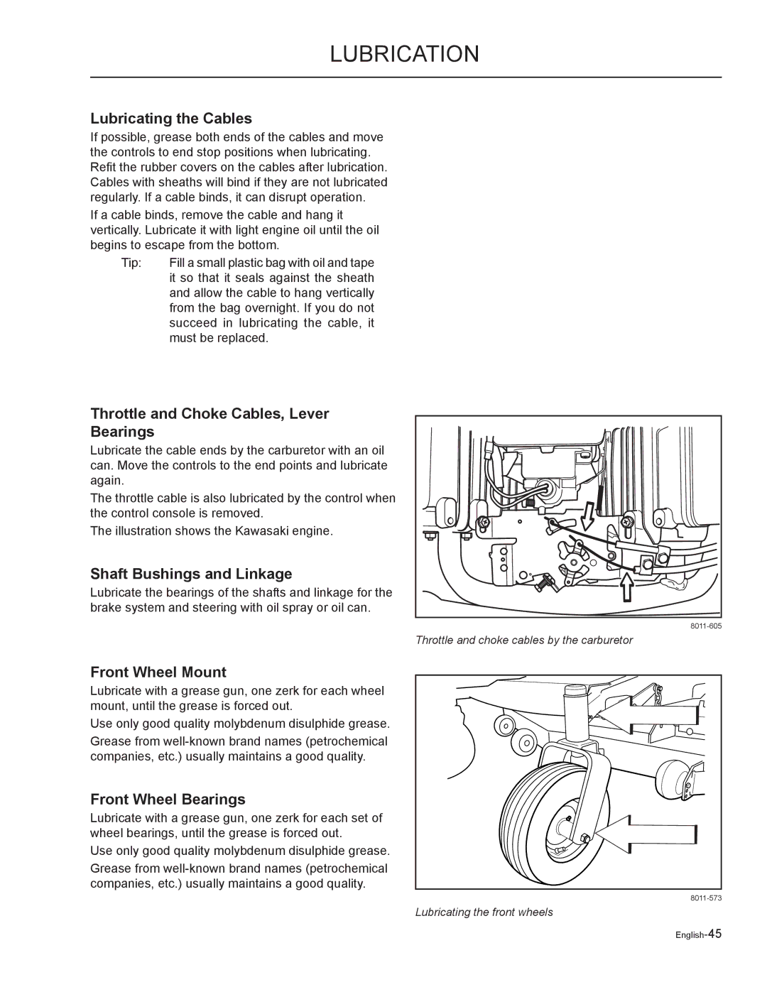 Yazoo/Kees ZMKW52212 manual Lubricating the Cables, Throttle and Choke Cables, Lever Bearings, Shaft Bushings and Linkage 