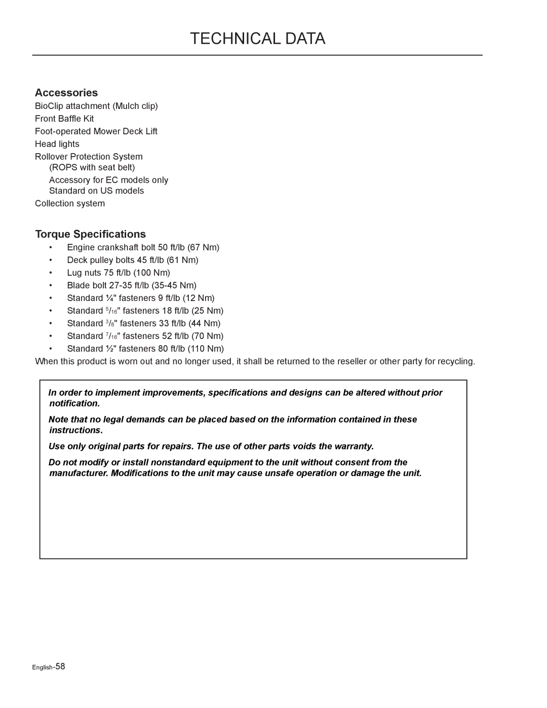 Yazoo/Kees ZMKH52252, ZMKW52212, ZMKH61252, ZMKW48192, ZMKW48172 manual Accessories, Torque Specifications 