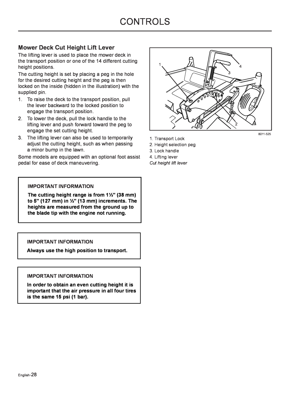Yazoo/Kees ZMKH52252 Mower Deck Cut Height Lift Lever, IMPORTANT INFORMATION Always use the high position to transport 