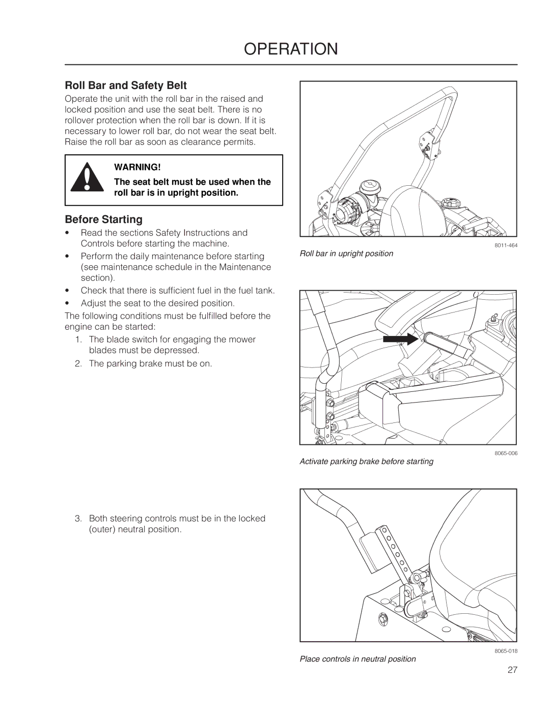 Yazoo/Kees ZPKW5426 manual Roll Bar and Safety Belt, Before Starting 