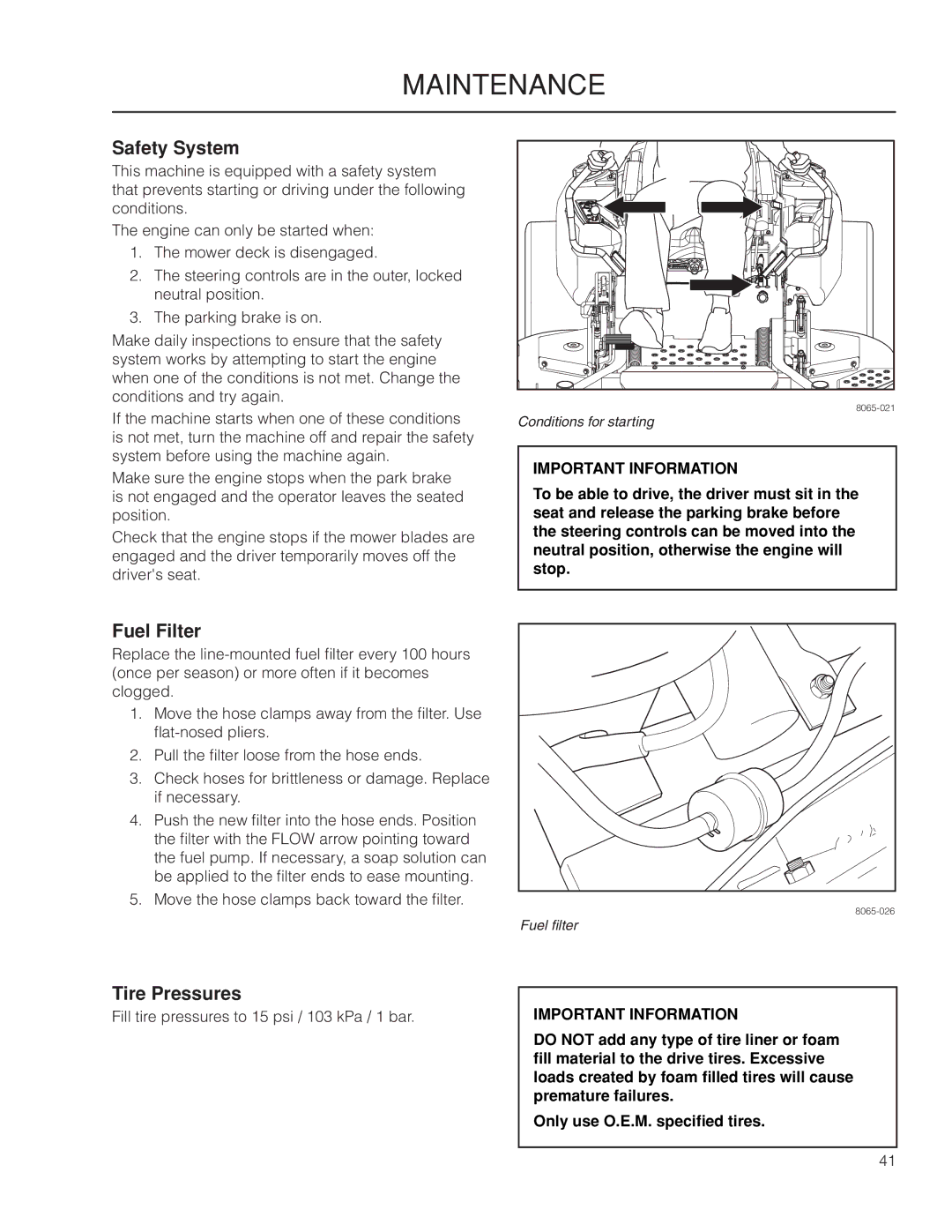 Yazoo/Kees ZPKW5426 manual Safety System, Fuel Filter, Tire Pressures 