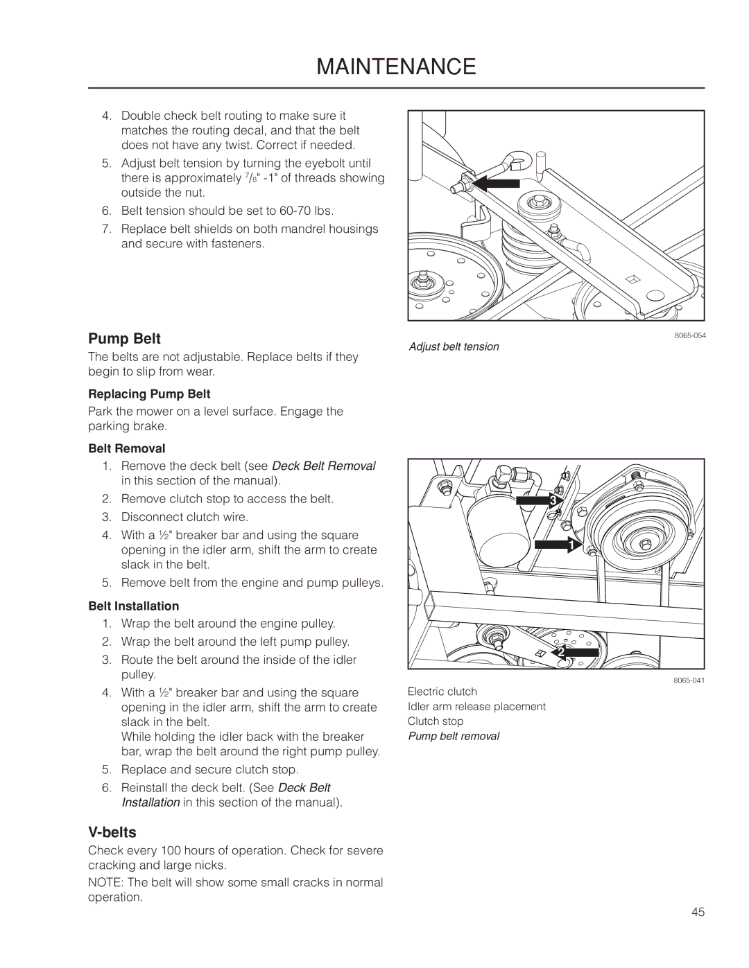 Yazoo/Kees ZPKW5426 manual Belts, Replacing Pump Belt, Belt Removal, Belt Installation 