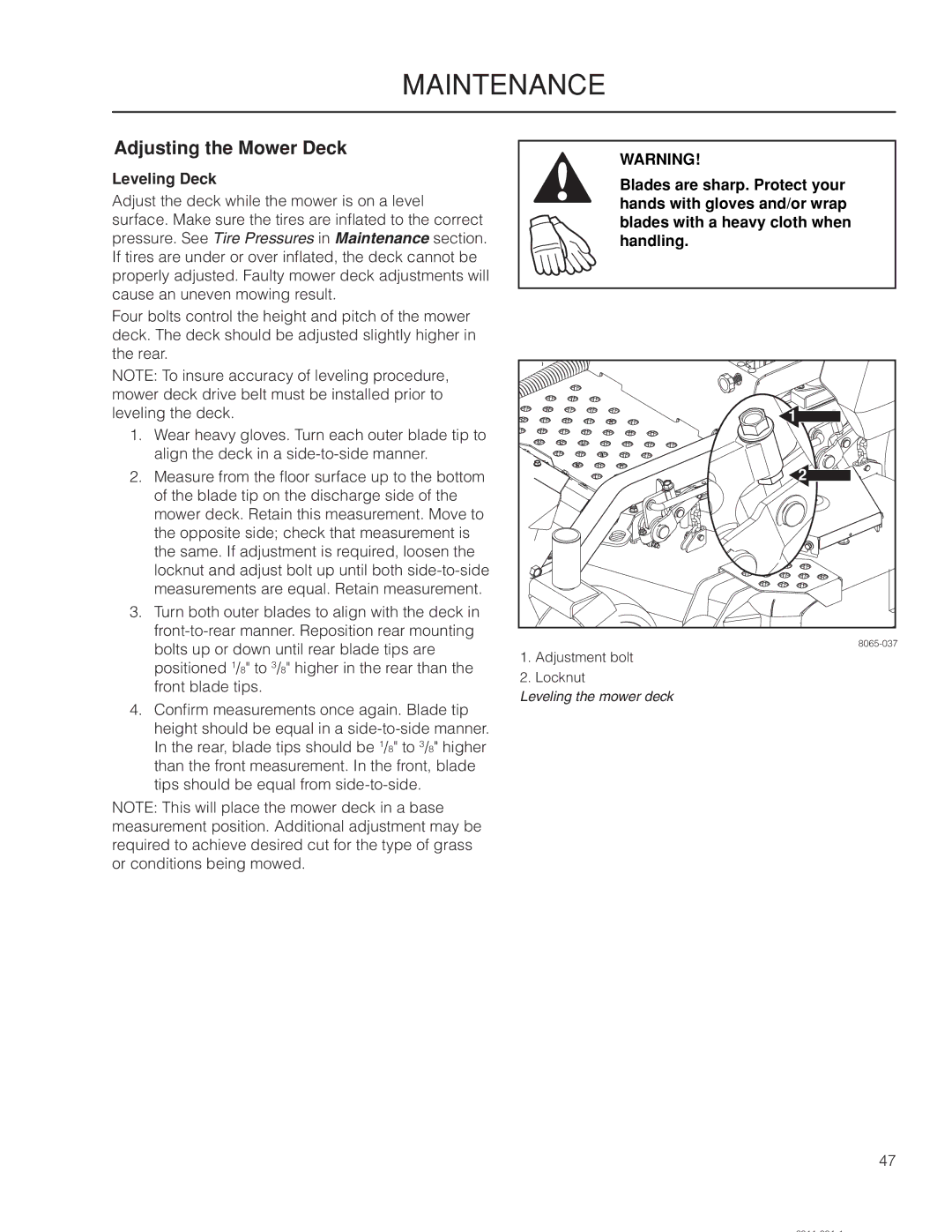 Yazoo/Kees ZPKW5426 manual Adjusting the Mower Deck, Leveling Deck 