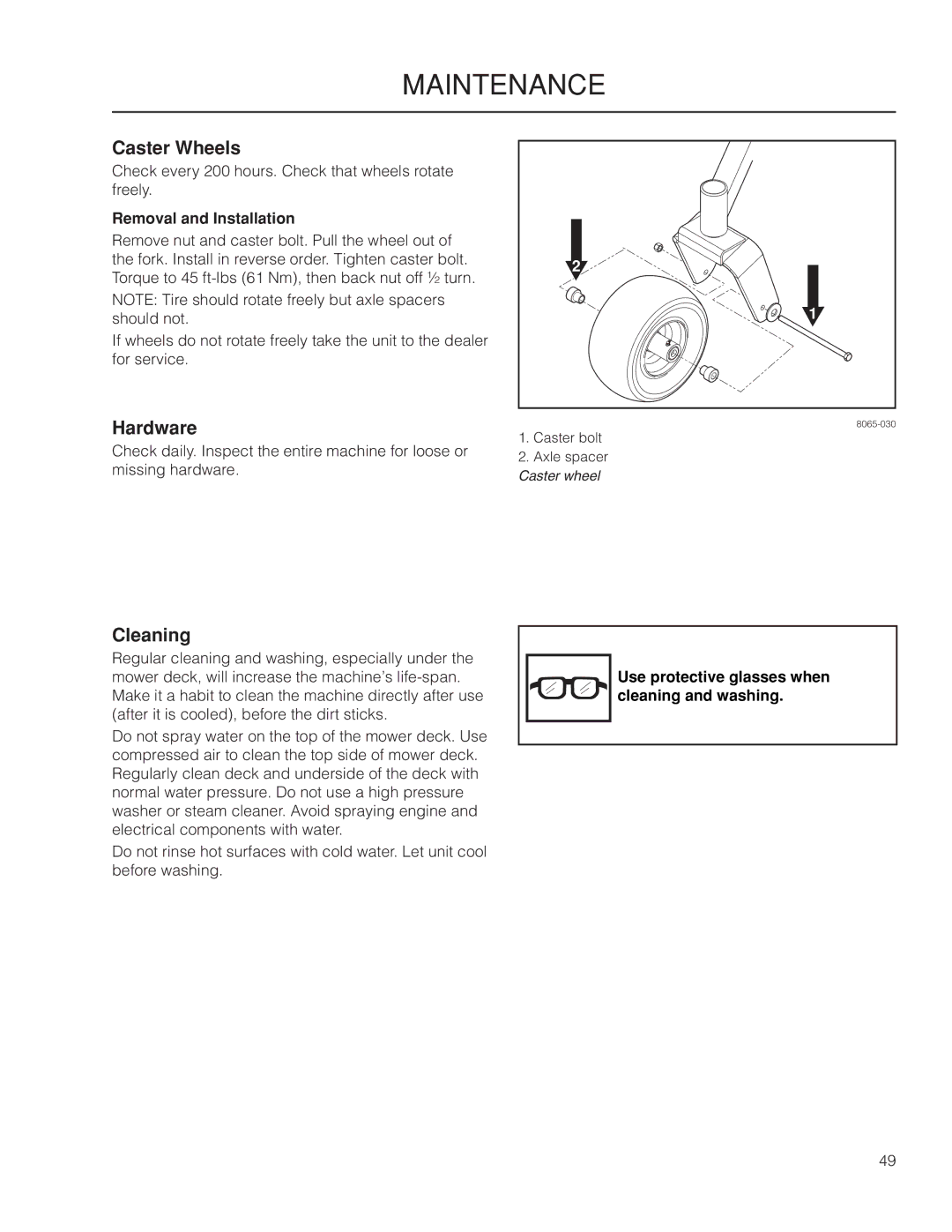 Yazoo/Kees ZPKW5426 manual Caster Wheels, Hardware, Cleaning, Removal and Installation 