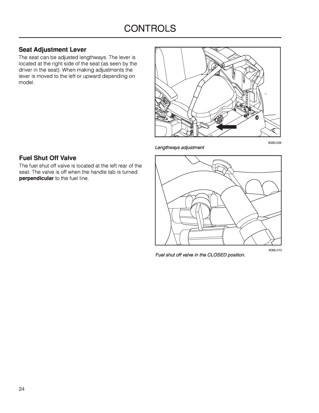 Yazoo/Kees ZPKW5426 manual Seat Adjustment Lever, Fuel Shut Off Valve, Controls, Lengthways adjustment 
