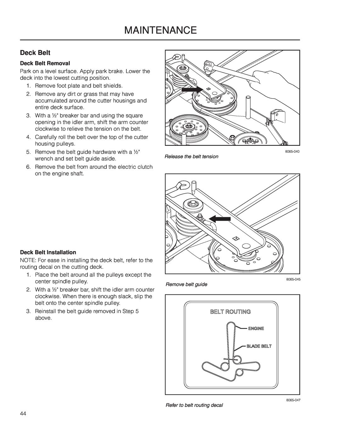 Yazoo/Kees ZPKW5426 manual Deck Belt Removal, Deck Belt Installation, maintenance 