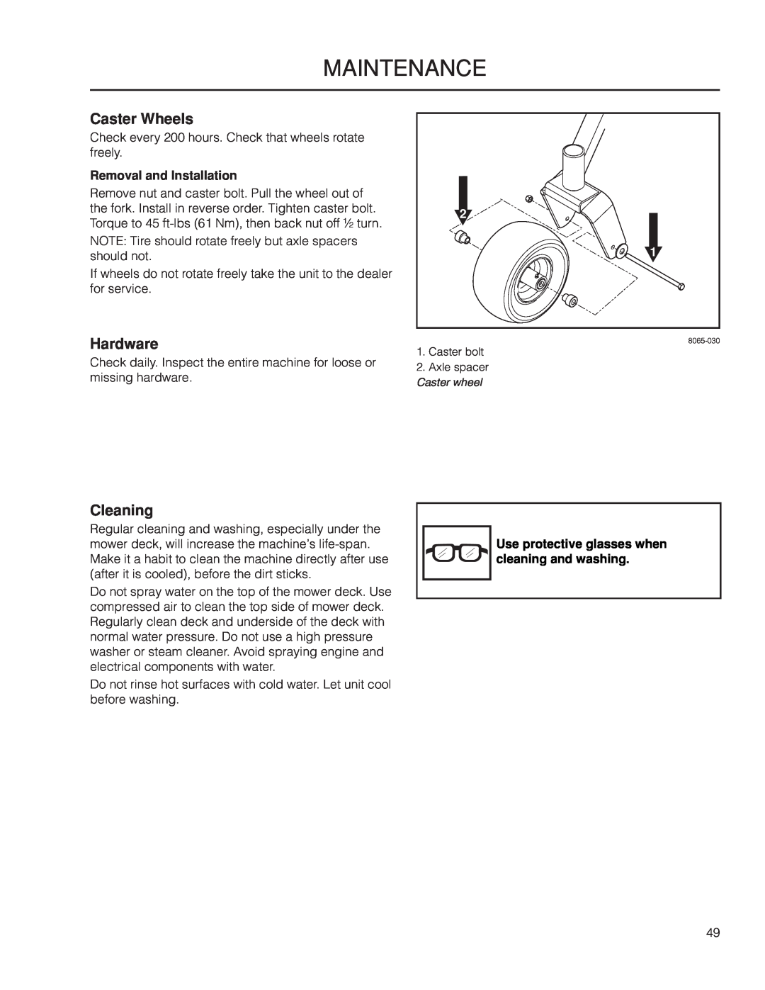 Yazoo/Kees ZPKW5426 manual Caster Wheels, Hardware, Cleaning, Removal and Installation, maintenance 