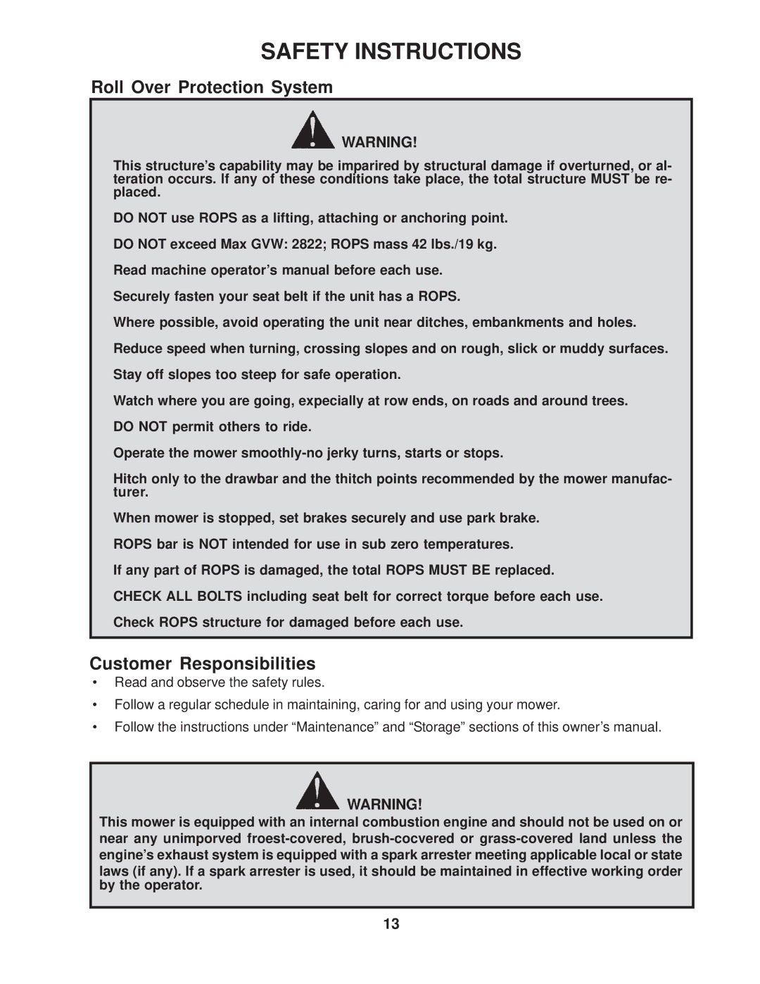 Yazoo/Kees ZVKH61303, ZVKW52253, ZVHO61243, ZVKH61273, ZVKH72303 Roll Over Protection System, Customer Responsibilities 