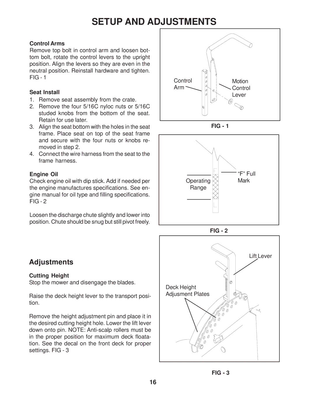 Yazoo/Kees ZVKH61303 manual Adjustments, Control Arms, Seat Install, Engine Oil, Cutting Height 