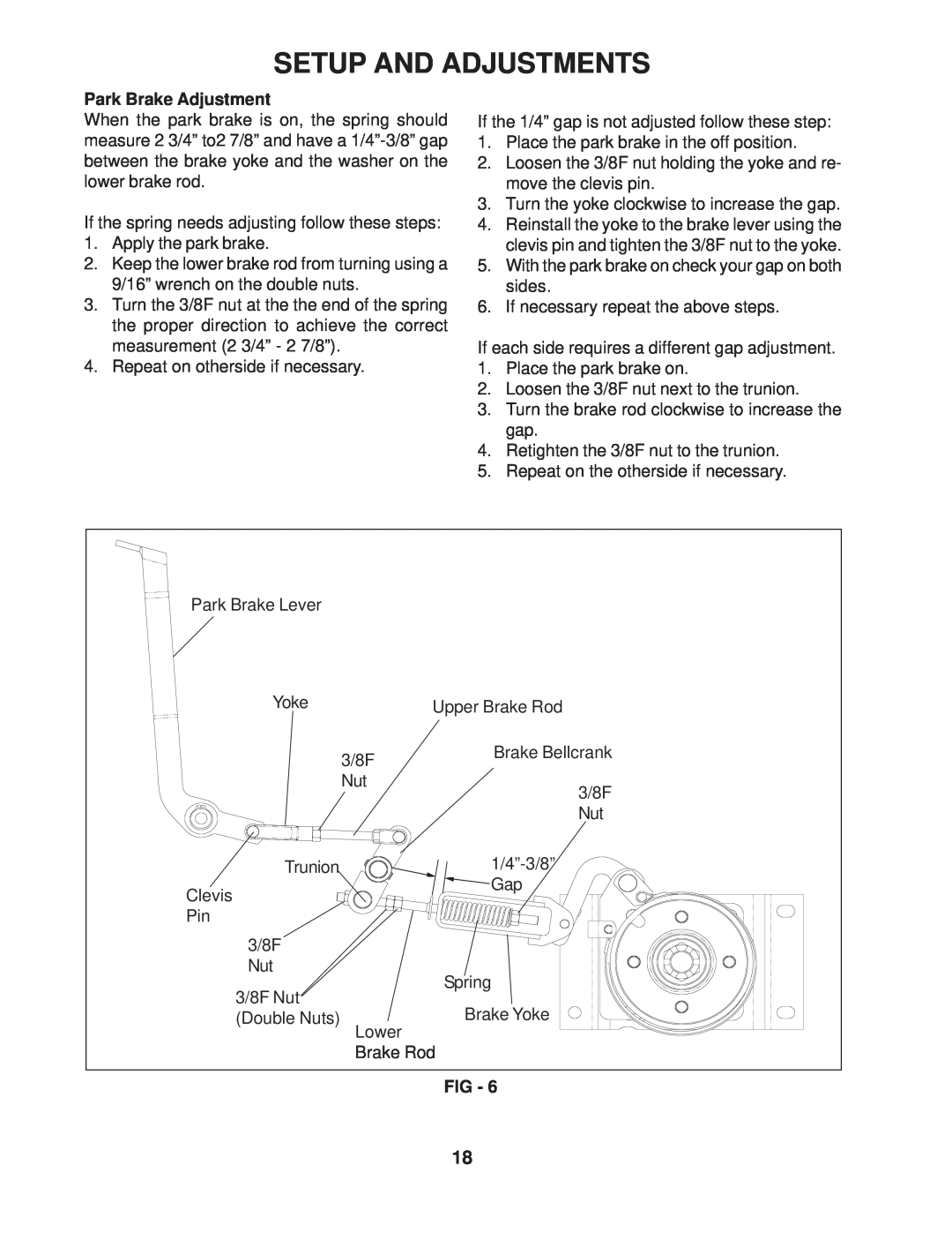 Yazoo/Kees ZVKH61303 manual Setup And Adjustments, Park Brake Adjustment, Fig 