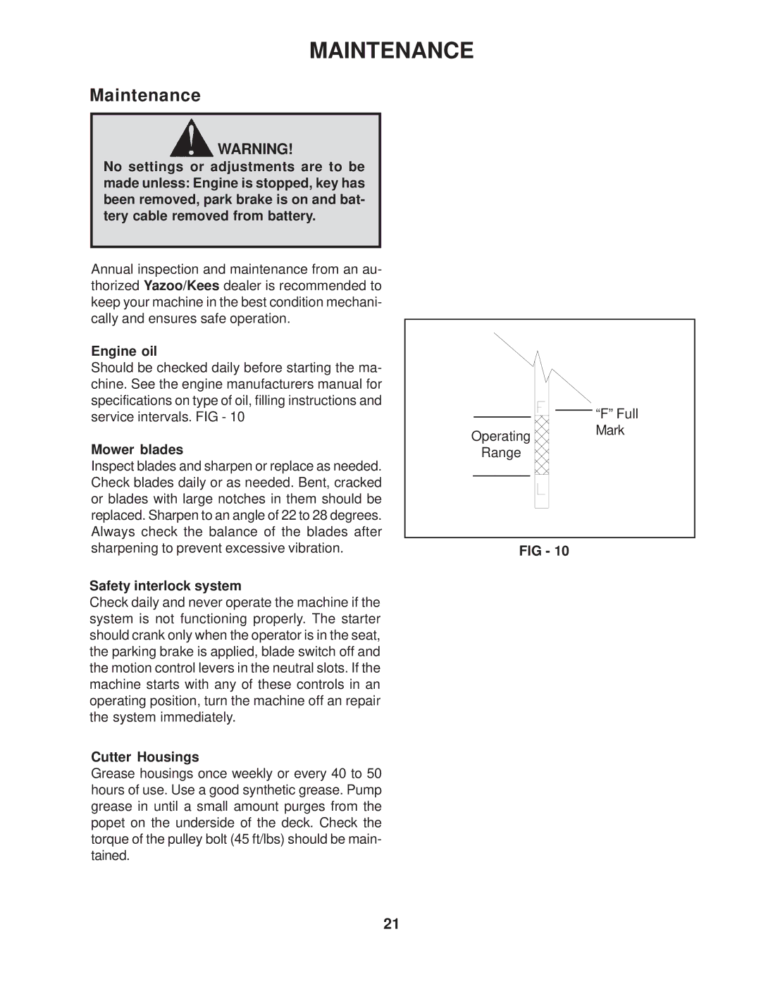 Yazoo/Kees ZVKH72303 / 968999339 manual Maintenance, Mower blades, Safety interlock system, Cutter Housings 