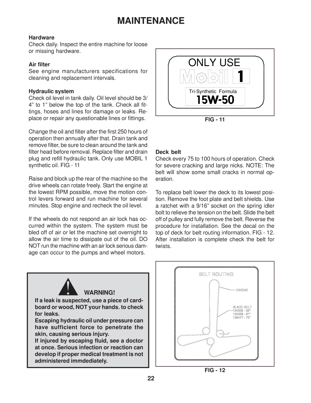 Yazoo/Kees ZVKH61273 / 968999337, ZVKW52253 / 968999334 manual Hardware, Air filter, Hydraulic system, Deck belt 