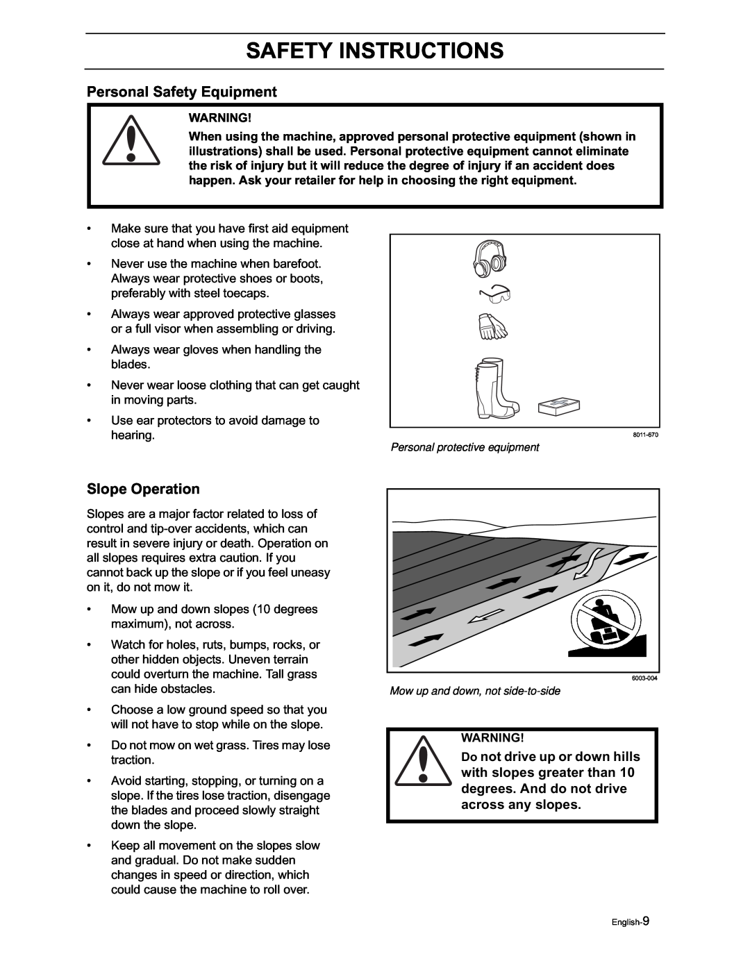 Yazoo/Kees ZVKH61273, ZVKW52253 manual Personal Safety Equipment, Slope Operation, Safety Instructions 