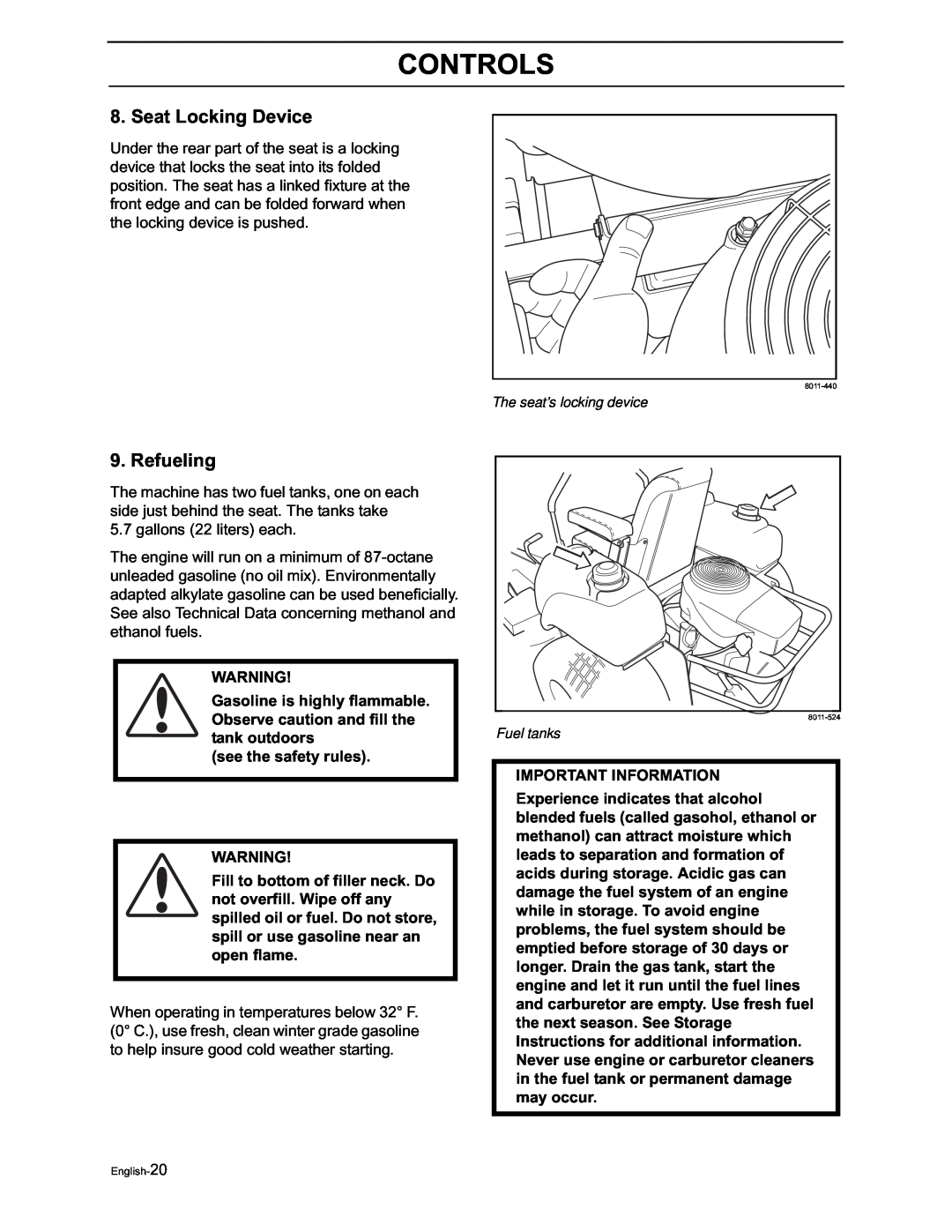 Yazoo/Kees ZVKW52253, ZVKH61273 manual Seat Locking Device, Refueling, Controls 