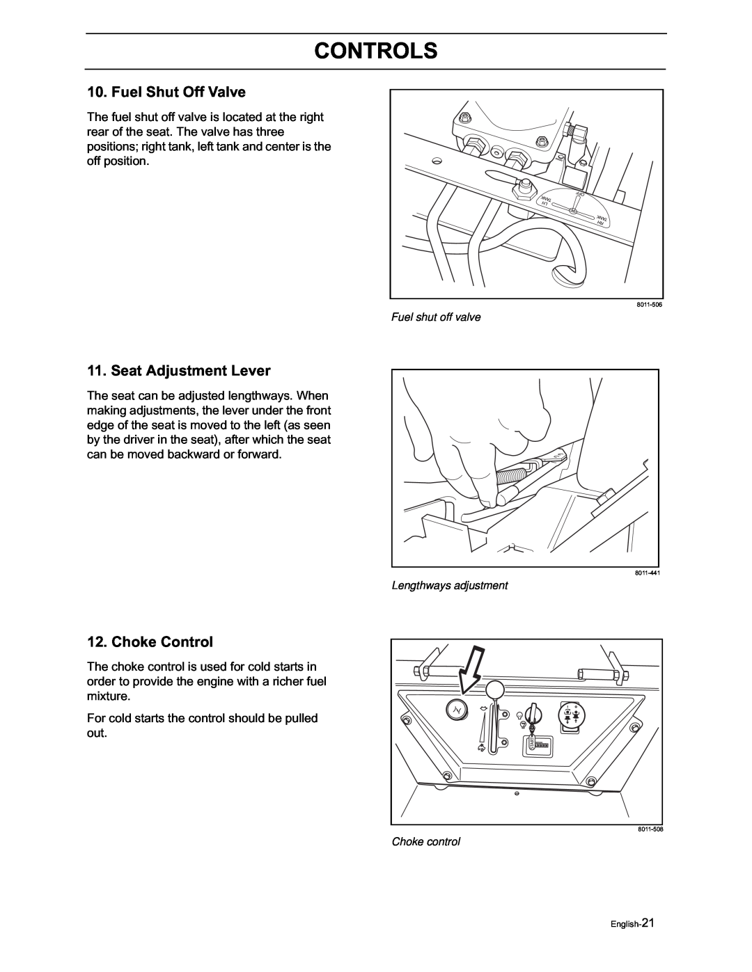 Yazoo/Kees ZVKH61273, ZVKW52253 manual Fuel Shut Off Valve, Seat Adjustment Lever, Choke Control, Controls 