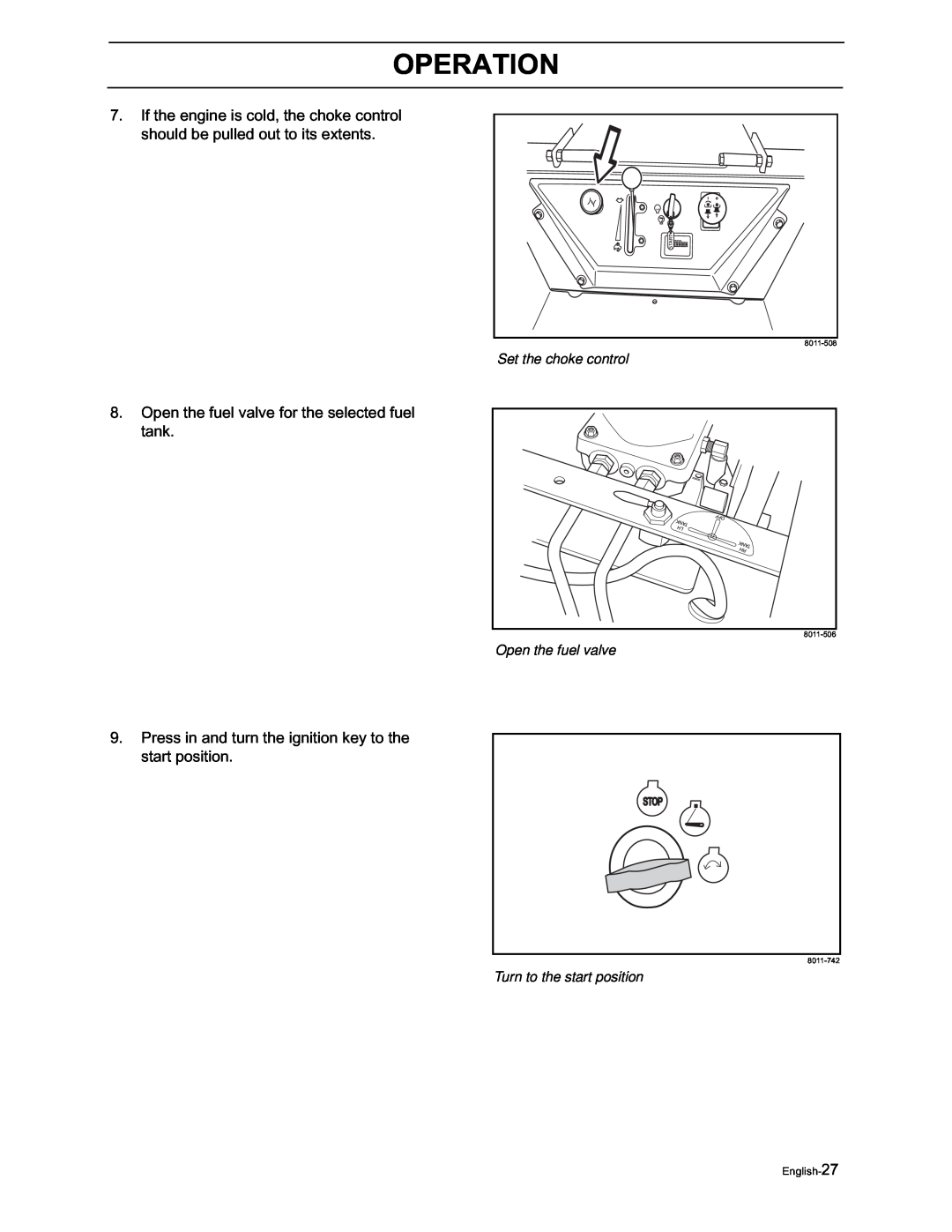 Yazoo/Kees ZVKH61273, ZVKW52253 manual Operation, Open the fuel valve for the selected fuel tank 