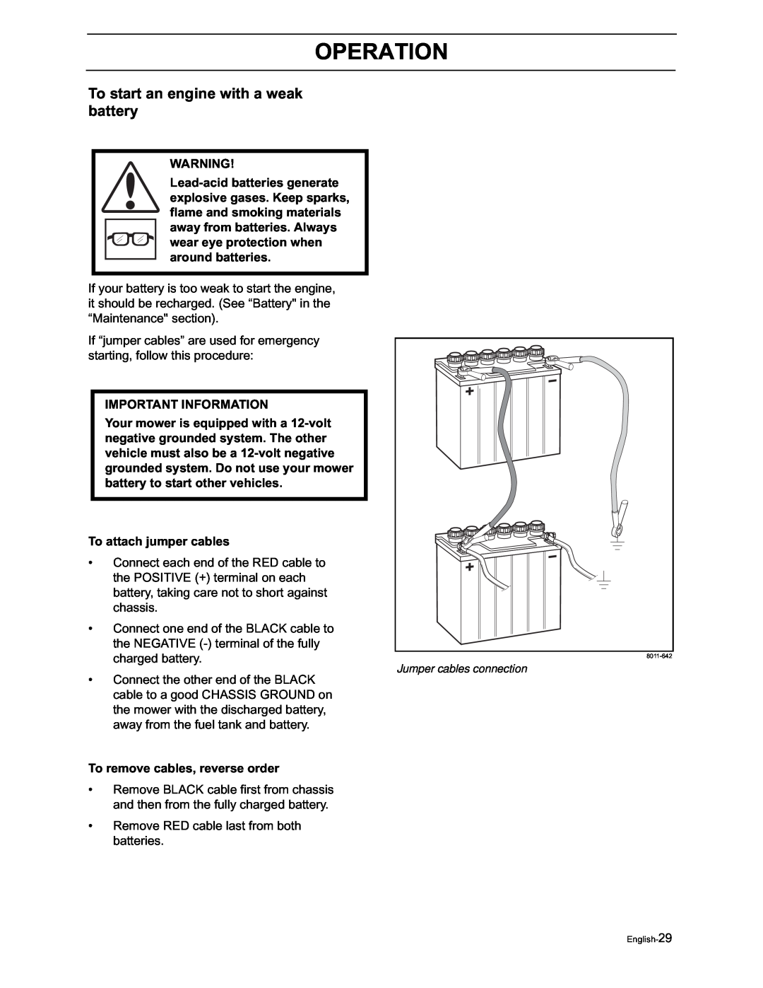 Yazoo/Kees ZVKH61273, ZVKW52253 manual To start an engine with a weak battery, Operation 