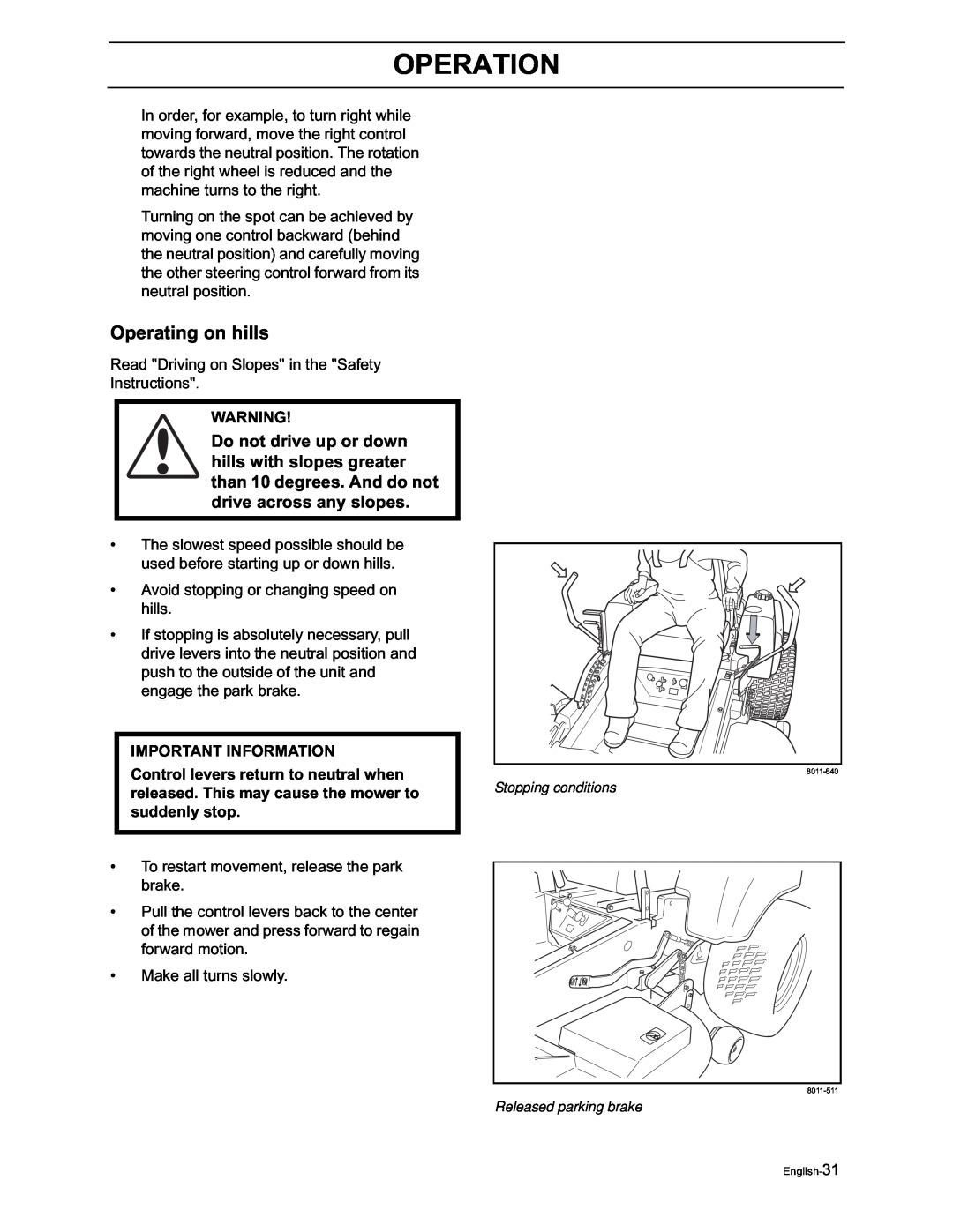 Yazoo/Kees ZVKH61273, ZVKW52253 manual Operating on hills, Operation, Important Information 