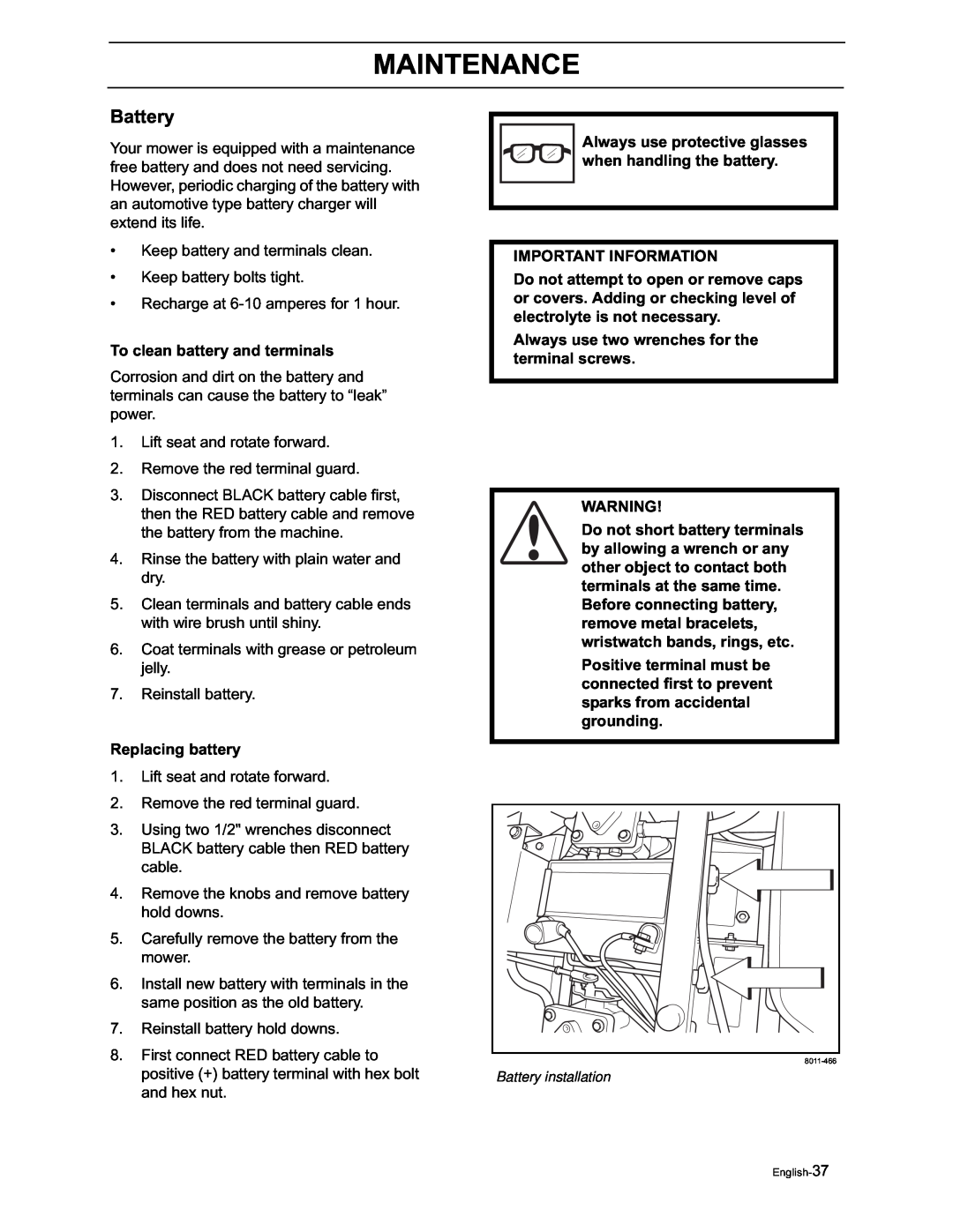 Yazoo/Kees ZVKH61273, ZVKW52253 manual Battery, Maintenance 