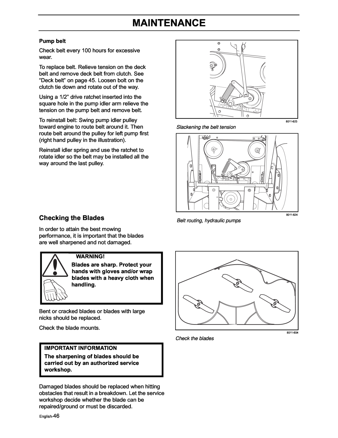 Yazoo/Kees ZVKW52253, ZVKH61273 manual Checking the Blades, Maintenance, Pump belt, Important Information 