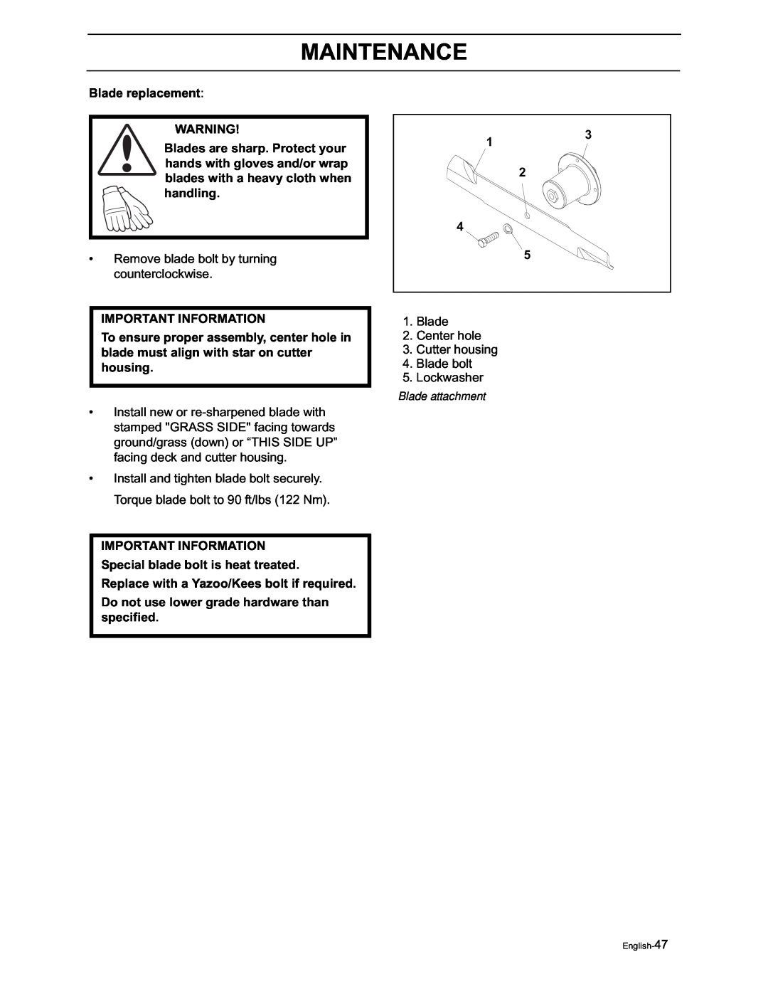 Yazoo/Kees ZVKH61273, ZVKW52253 manual Maintenance, Blade replacement 