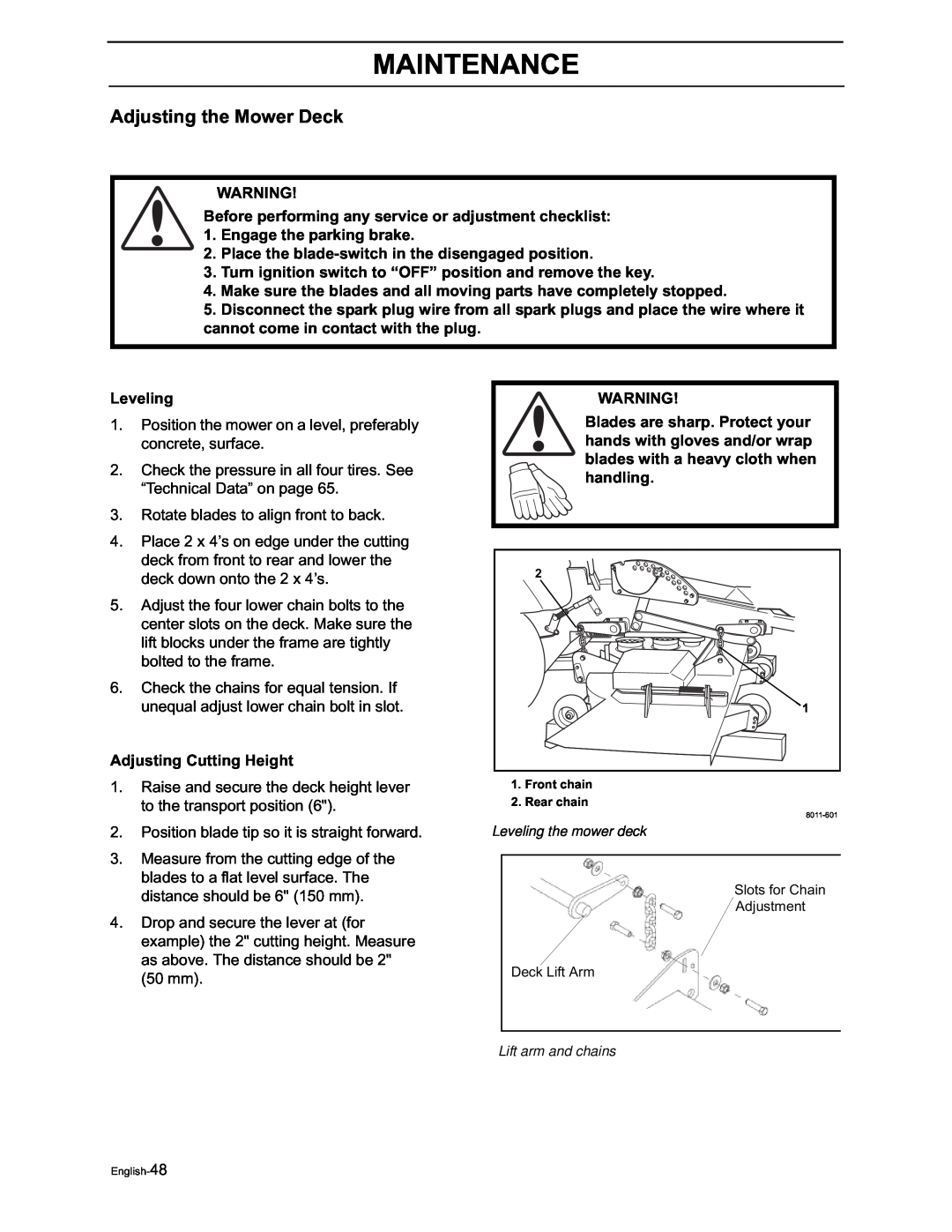 Yazoo/Kees ZVKW52253, ZVKH61273 manual Adjusting the Mower Deck, Maintenance 