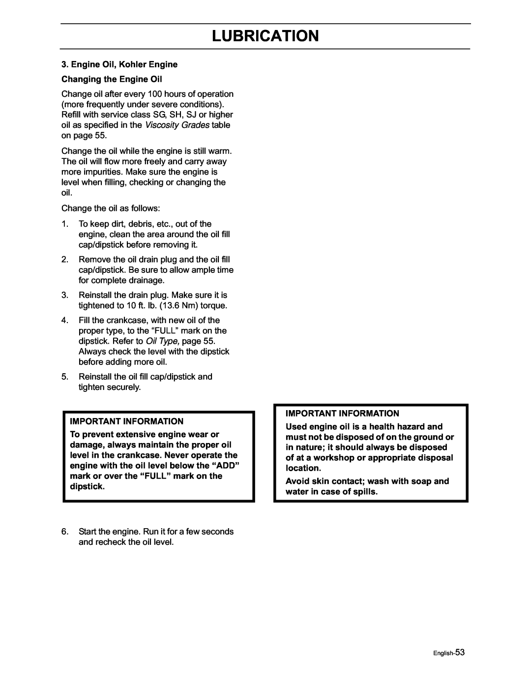 Yazoo/Kees ZVKH61273, ZVKW52253 manual Lubrication, Important Information 