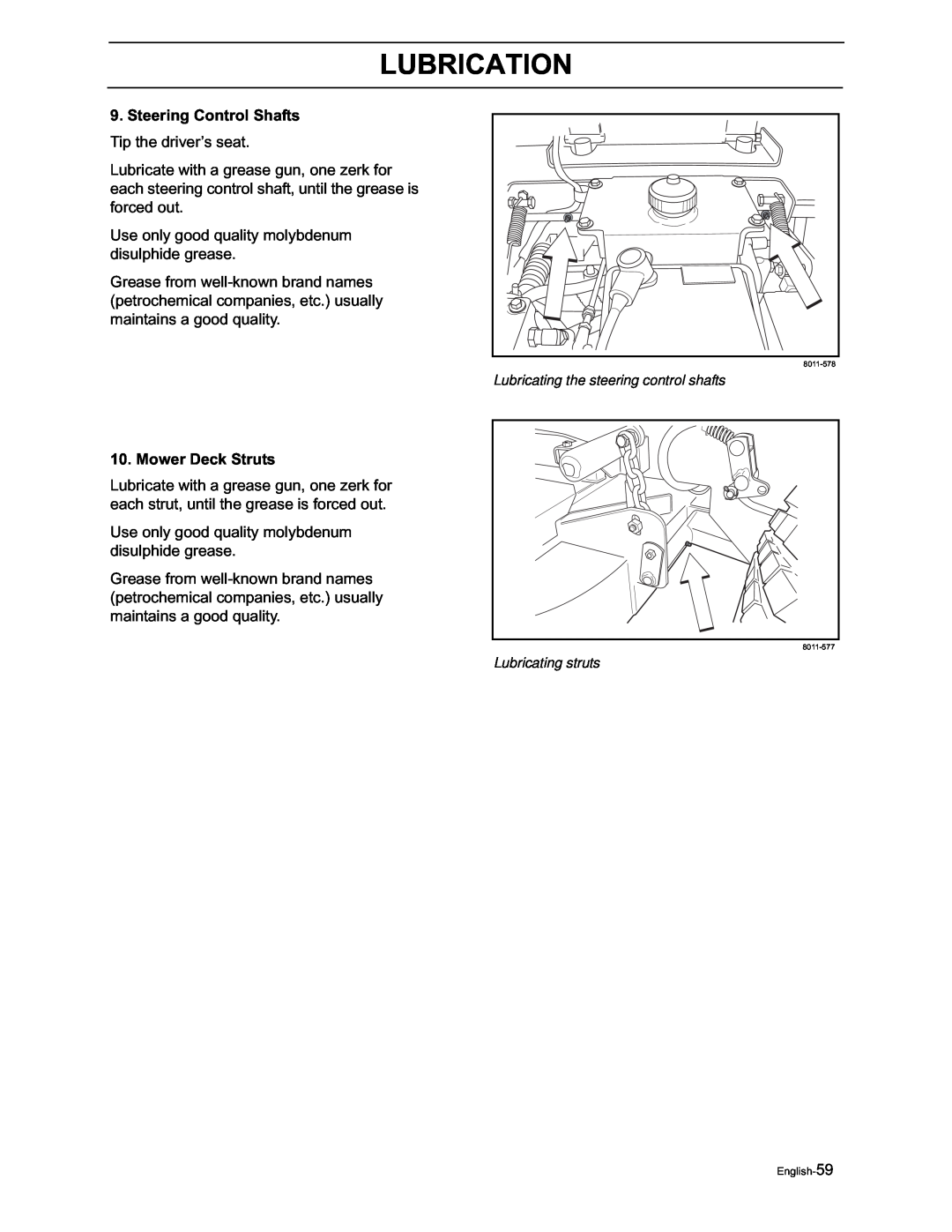 Yazoo/Kees ZVKH61273 Lubrication, Steering Control Shafts Tip the driver’s seat, Mower Deck Struts, Lubricating struts 