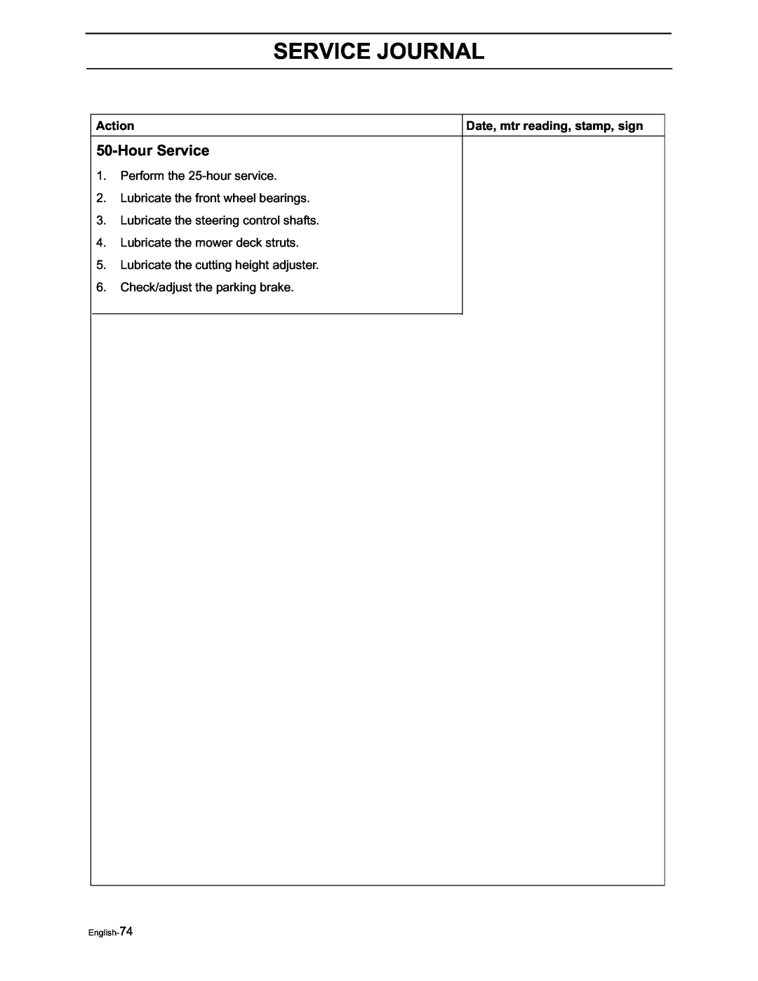 Yazoo/Kees ZVKW52253 manual HourService, Service Journal, Perform the 25-hourservice, Lubricate the front wheel bearings 