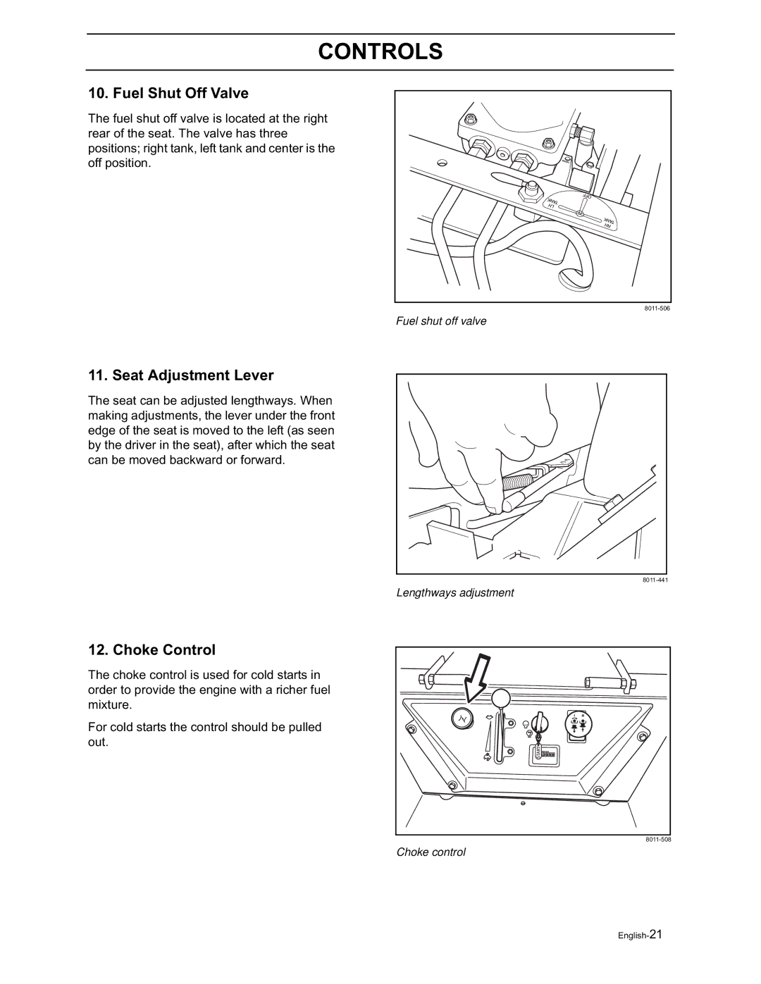 Yazoo/Kees ZVKH61273, ZVKW52253, ZVKH61303, ZVKH72303 manual Fuel Shut Off Valve, Seat Adjustment Lever, Choke Control 