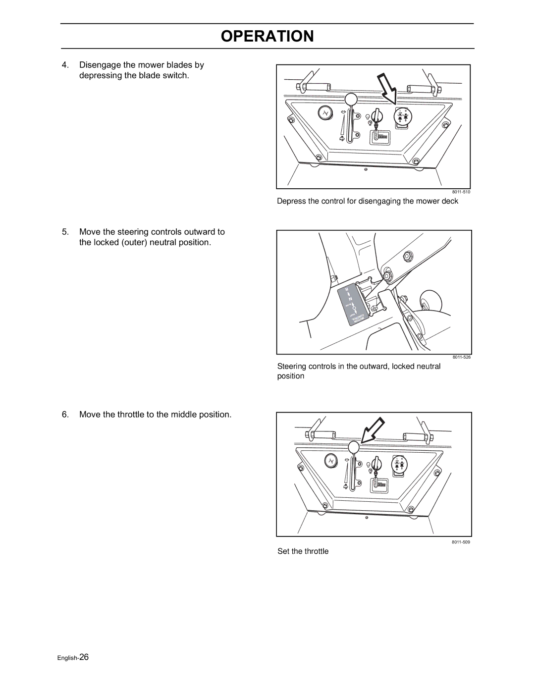 Yazoo/Kees ZVKW52253, ZVKH61303, ZVKH72303, ZVKH61273 manual Disengage the mower blades by depressing the blade switch 