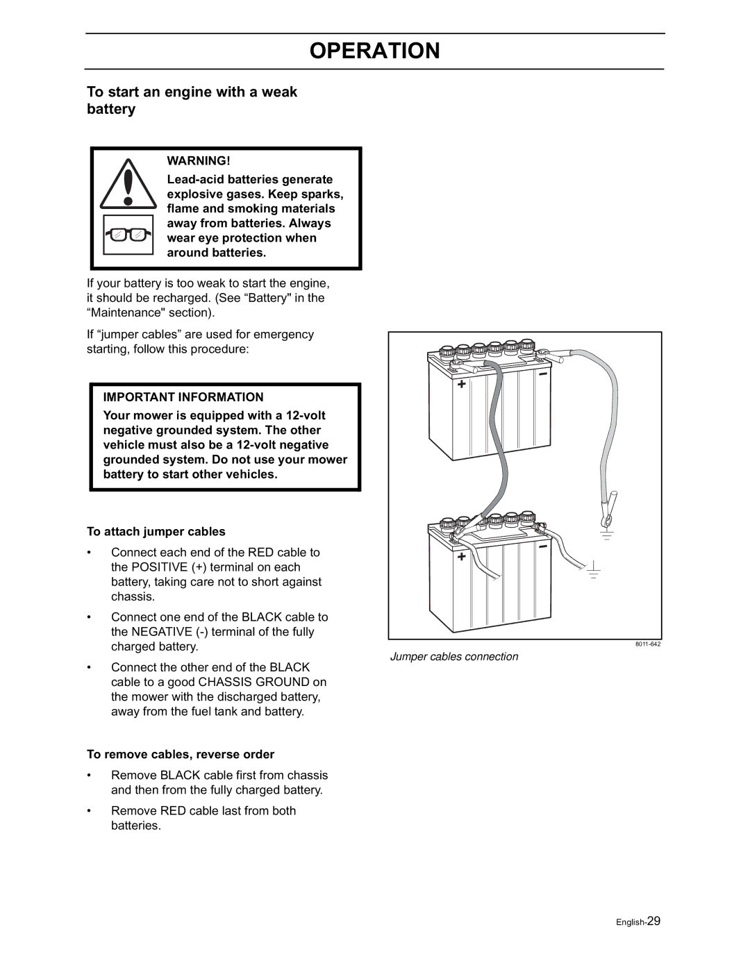 Yazoo/Kees ZVKH61273, ZVKW52253, ZVKH61303 manual To start an engine with a weak battery, To remove cables, reverse order 