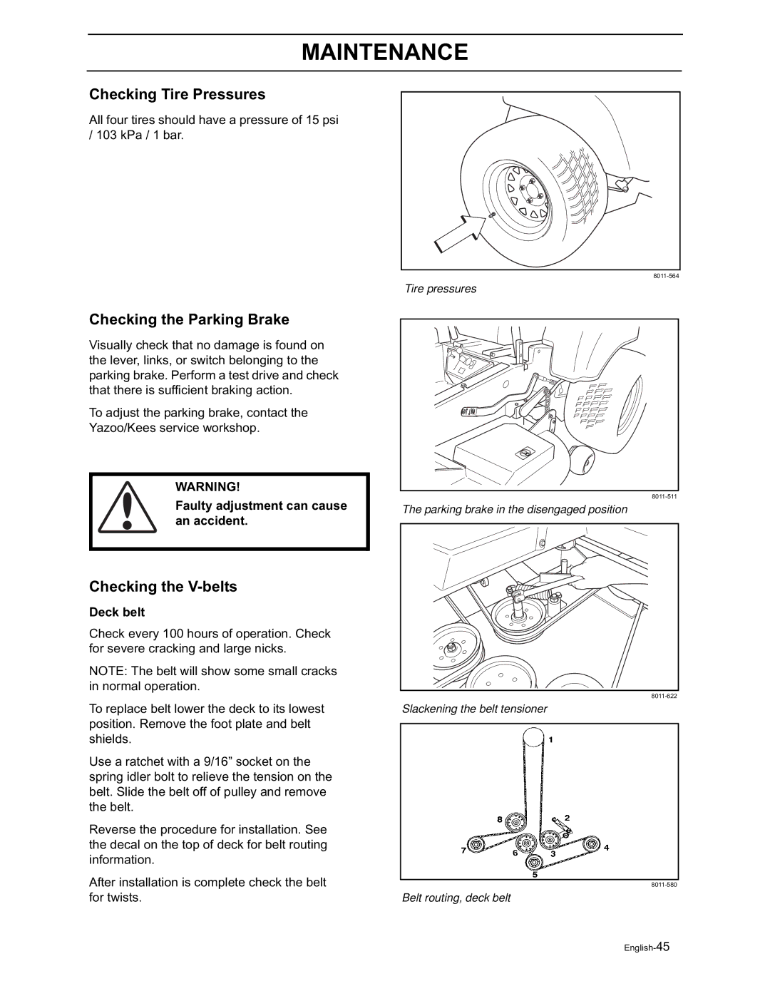 Yazoo/Kees ZVKH61273, ZVKW52253 manual Checking Tire Pressures, Checking the Parking Brake, Checking the V-belts, Deck belt 