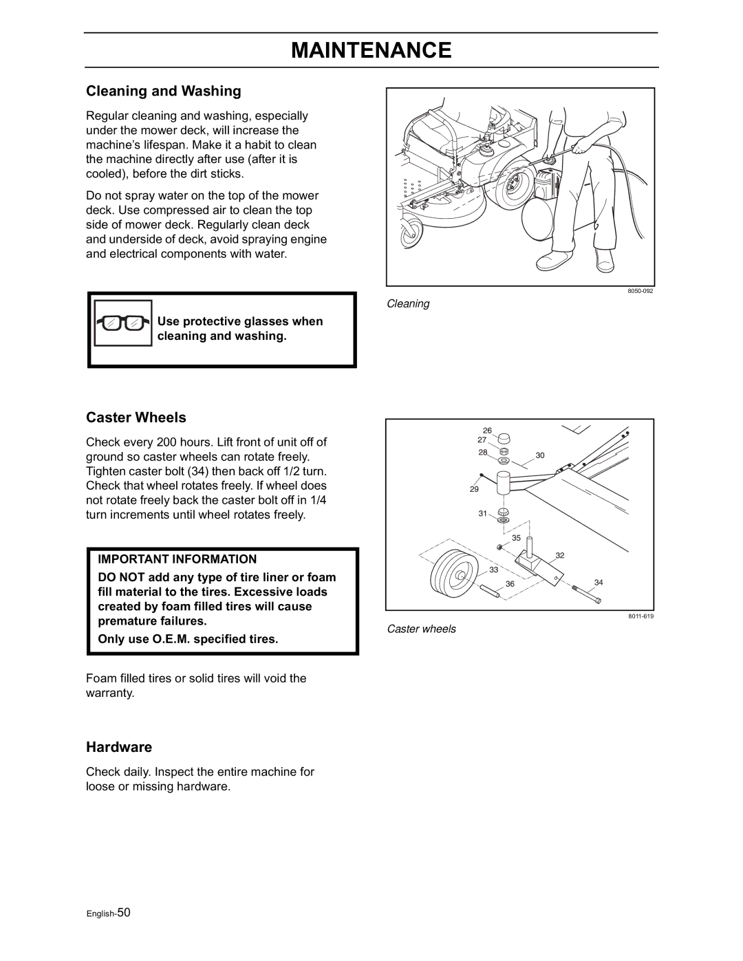 Yazoo/Kees ZVKW52253 manual Cleaning and Washing, Caster Wheels, Hardware, Use protective glasses when cleaning and washing 