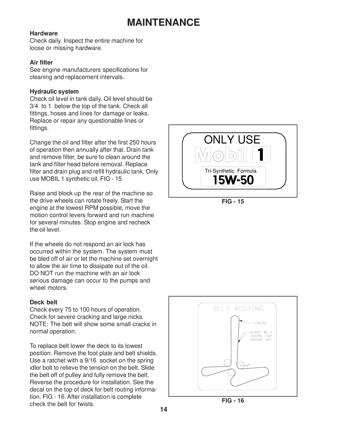 Yazoo/Kees manual Hardware, Air filter, Hydraulic system, Deck belt 