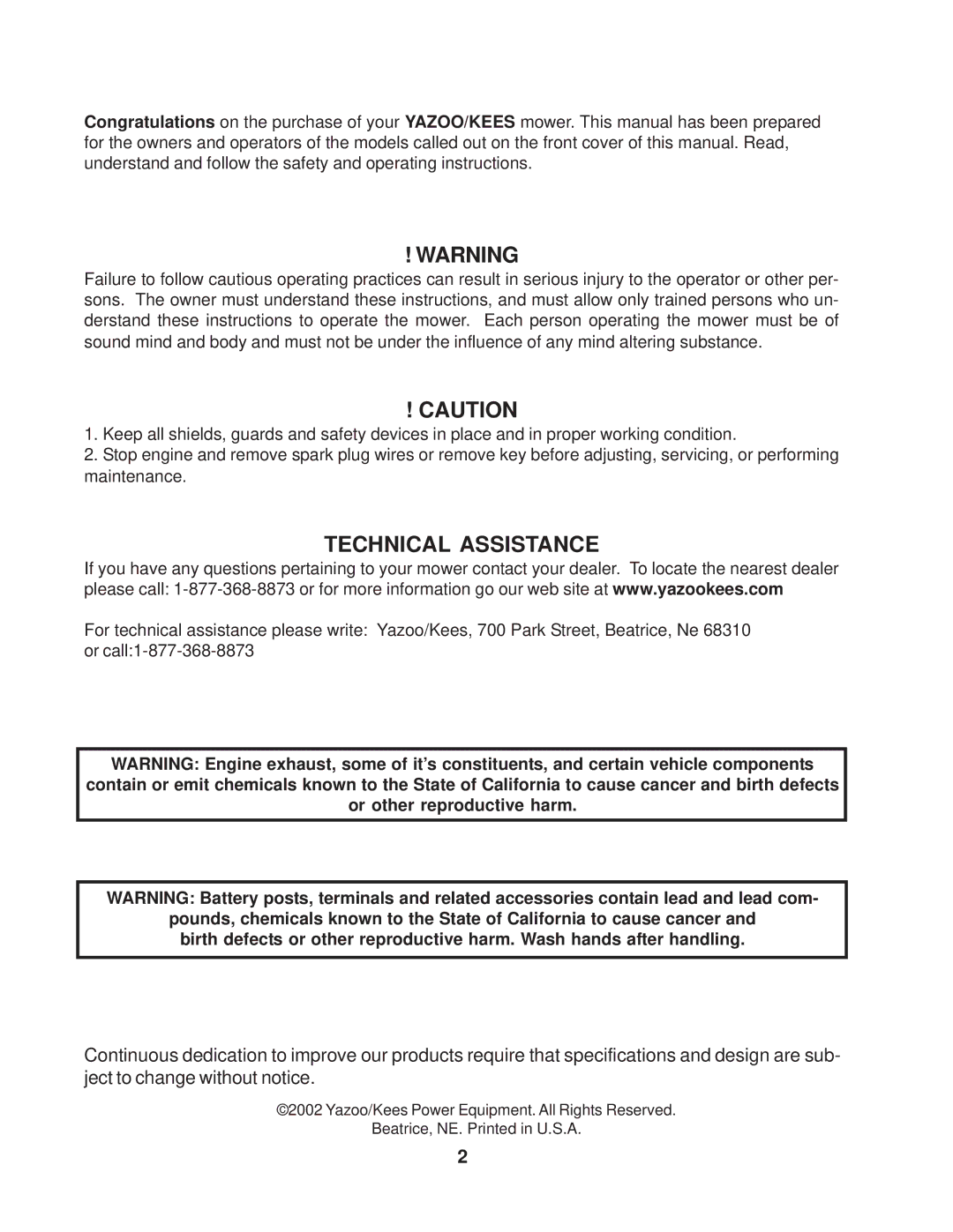 Yazoo/Kees manual Technical Assistance 