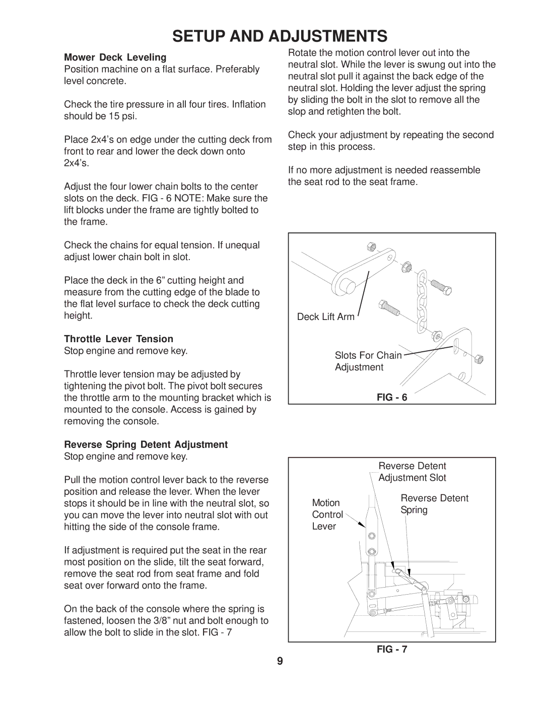 Yazoo/Kees manual Mower Deck Leveling, Throttle Lever Tension 