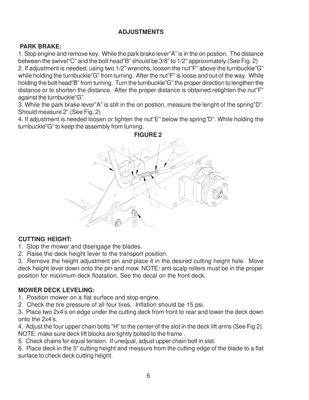 Yazoo/Kees important safety instructions Adjustments Park Brake, Cutting Height, Mower Deck Leveling 