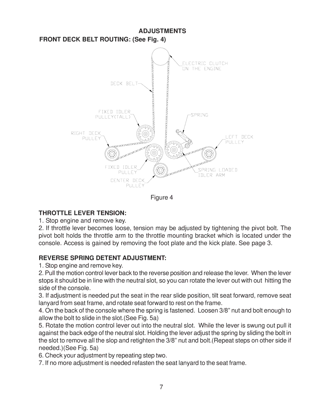 Yazoo/Kees important safety instructions Adjustments, Throttle Lever Tension, Reverse Spring Detent Adjustment 